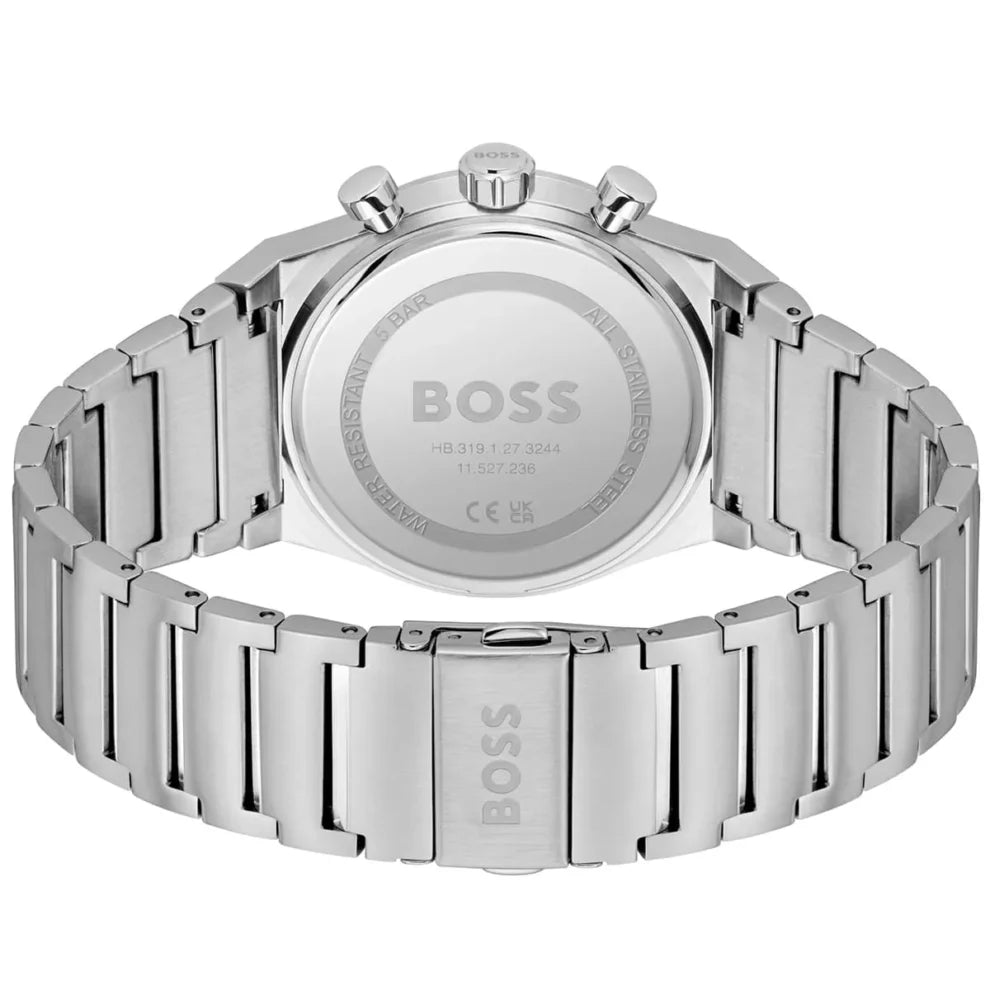 Side profile highlighting the polished stainless steel links of the Hugo Boss 1514221 bracelet