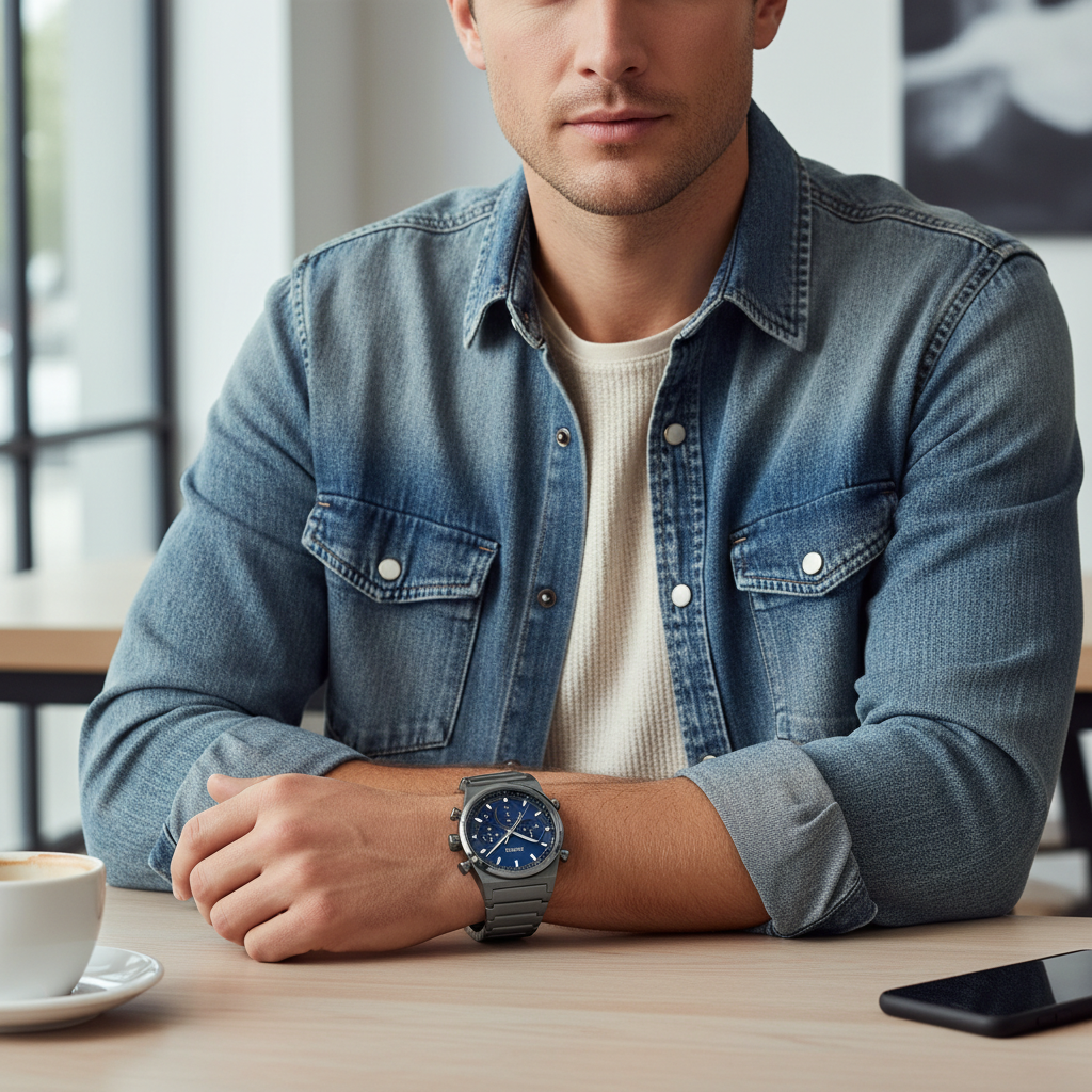 Male model wearing Hugo Boss Candor 1514223 grey watch with a casual outfit