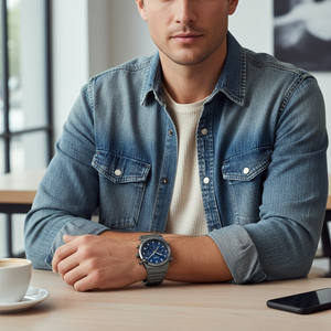 Male model wearing Hugo Boss Candor 1514223 grey watch with a casual outfit