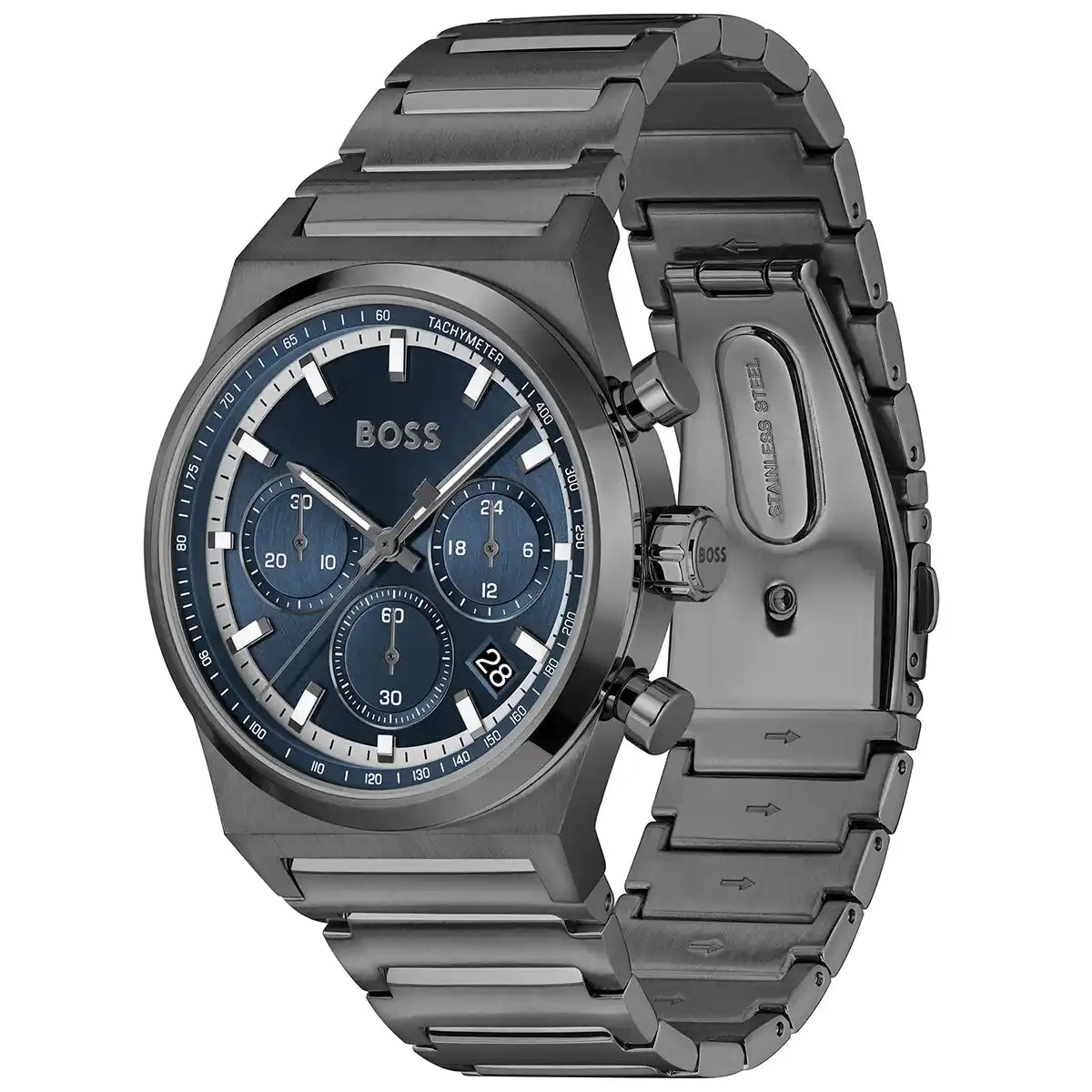 Side view of Hugo Boss 1514223 showing the grey crown and chronograph pushers