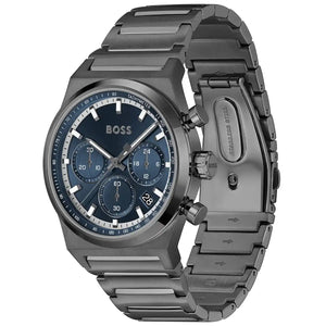 Side view of Hugo Boss 1514223 showing the grey crown and chronograph pushers
