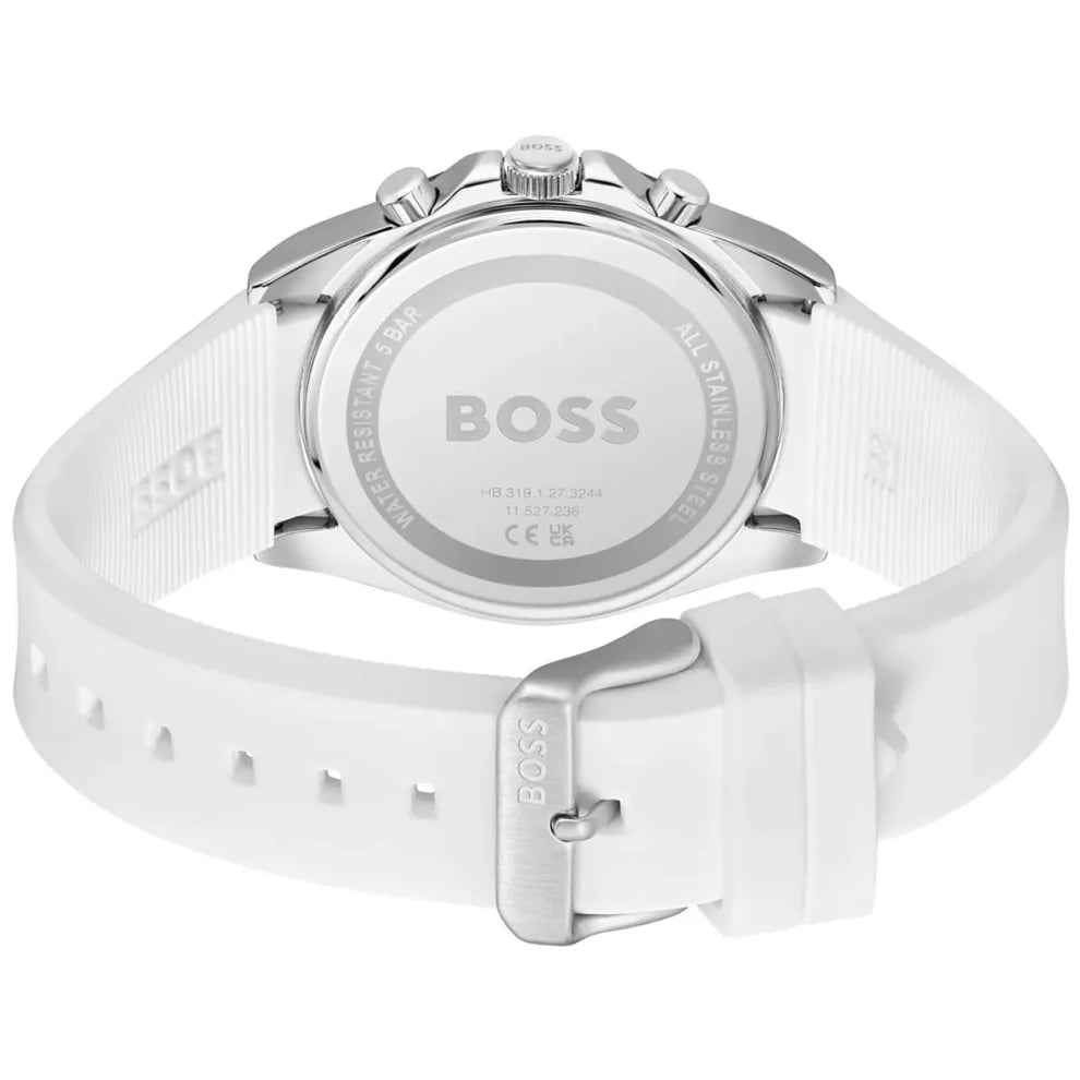 Right side angled view of Hugo Boss 1514238 highlighting the silver tachymeter bezel