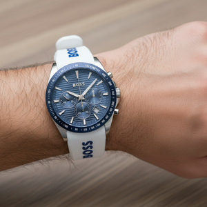 Detailed macro view of the blue groove-textured dial and sub-dials of Hugo Boss 1514238