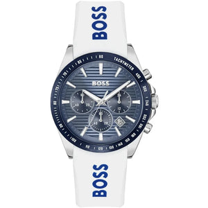 Hugo Boss Strike 1514238 men's chronograph watch with blue dial and white logo rubber strap