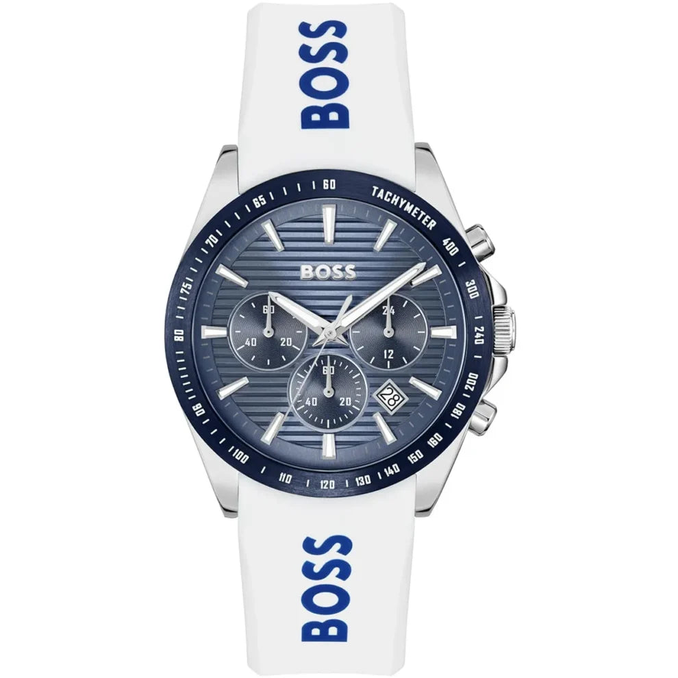 Hugo Boss Strike 1514238 men's chronograph watch with blue dial and white logo rubber strap