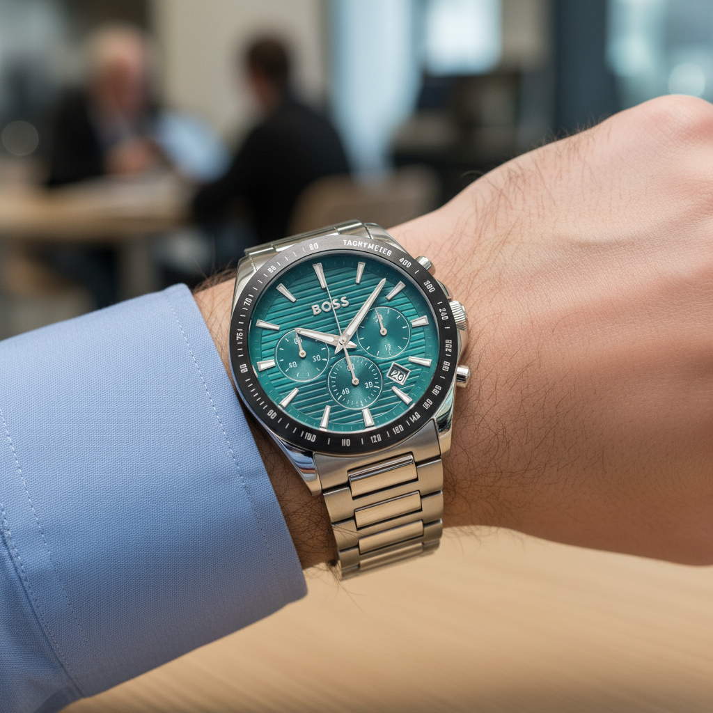 Detailed macro view of the groove-textured green dial and silver sub-dials of Hugo Boss 1514241
