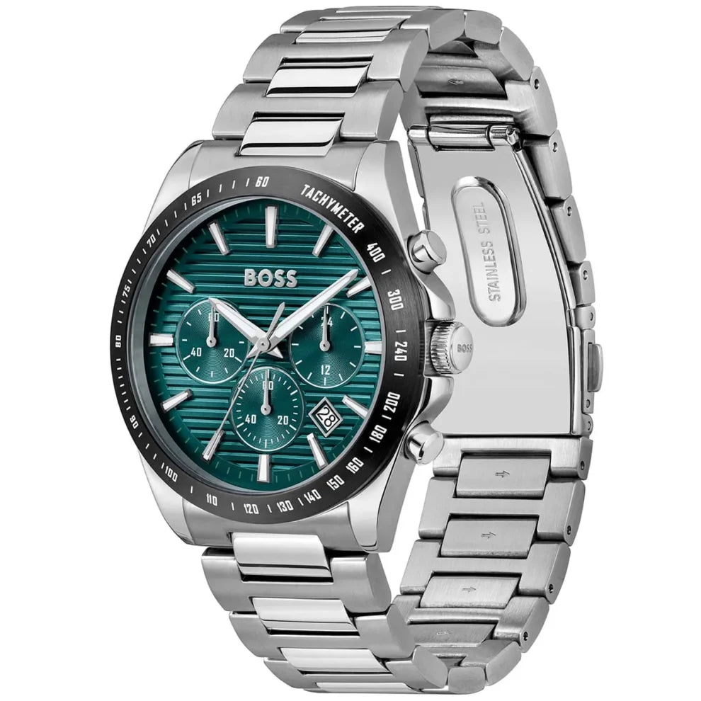 Side view of Hugo Boss Strike 1514241 showing the silver crown and chronograph pushers