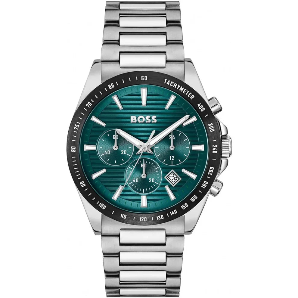 Hugo Boss Strike 1514241 men's chronograph watch with silver case and textured green dial