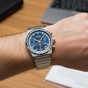 Detailed macro view of the blue sunray dial and silver sub-dials of Hugo Boss 1514250