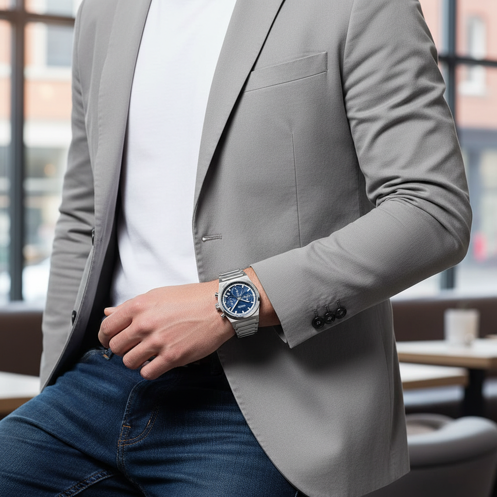Male model wearing Hugo Boss Candor 1514250 silver watch with a casual outfit