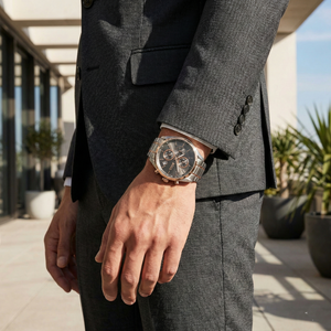 Man wearing Hugo Boss Steer two-tone watch reflecting a modern and sophisticated luxury look