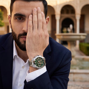 Lifestyle luxury shot featuring Hugo Boss 1514268 chronograph men's watch.