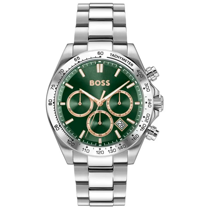 Front view of Hugo Boss 1514268 chronograph men's watch on a white background.
