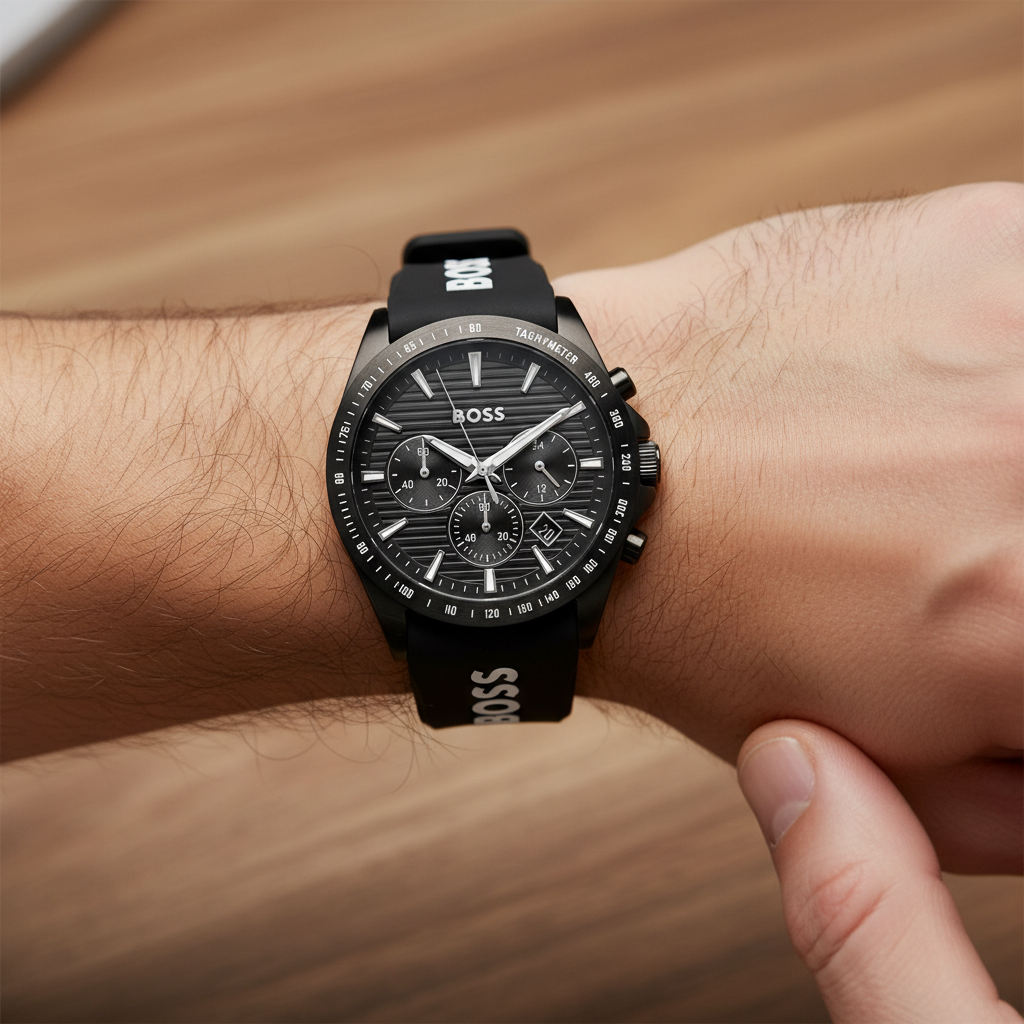 Detailed macro view of the black horizontal grooved dial and sub-dials of Hugo Boss 1514289