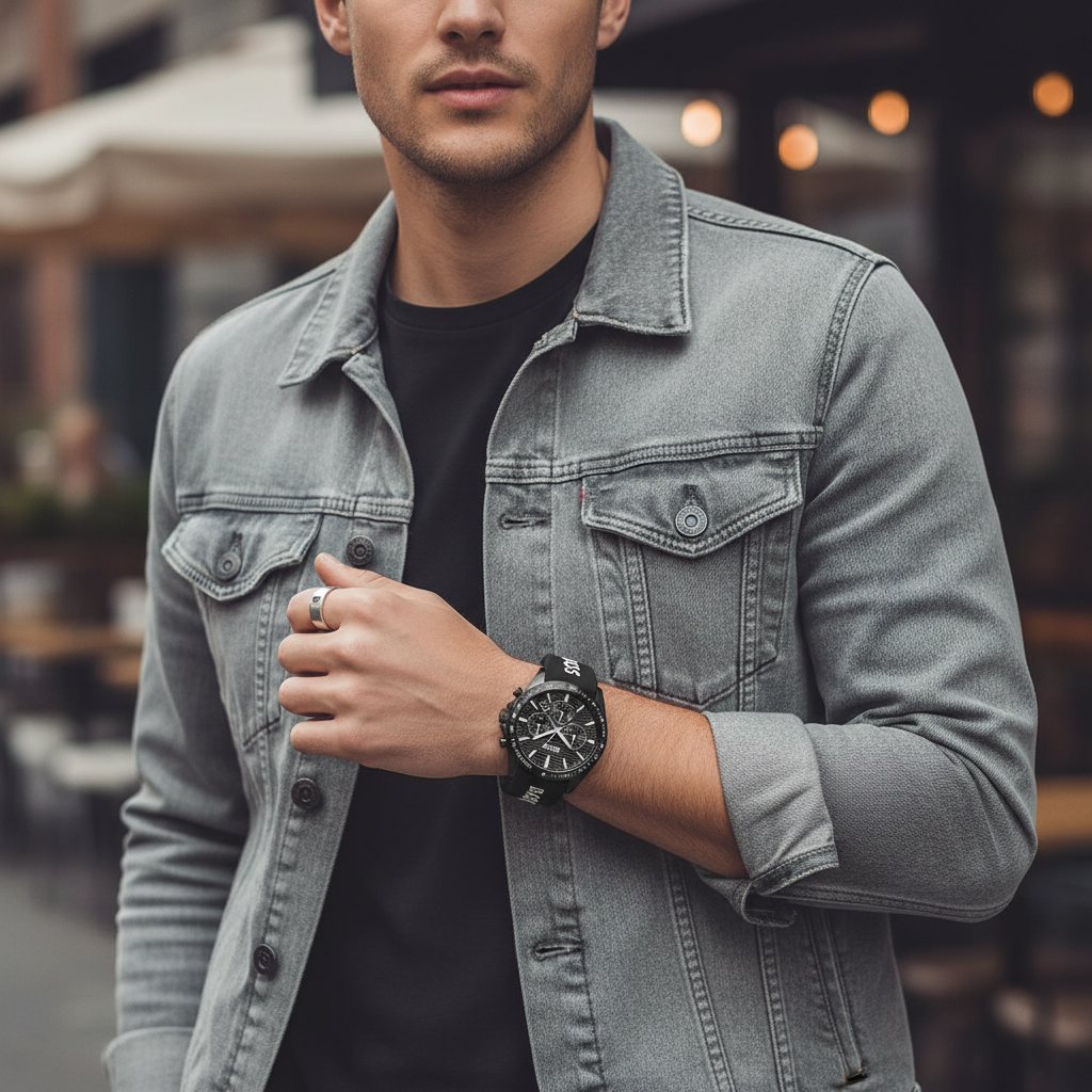 Male model wearing Hugo Boss Strike 1514289 all-black logo watch with a sporty streetwear outfit