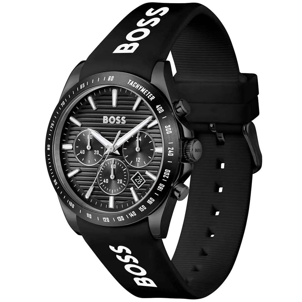 Side view of Hugo Boss 1514289 showing the black ion-plated crown and chronograph pushers