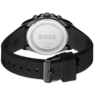 Side profile highlighting the bold white BOSS logo on the black rubber strap of Hugo Boss 1514289