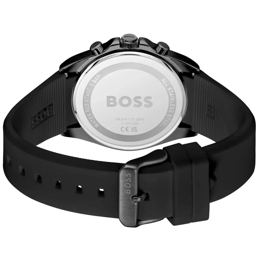 Side profile highlighting the bold white BOSS logo on the black rubber strap of Hugo Boss 1514289