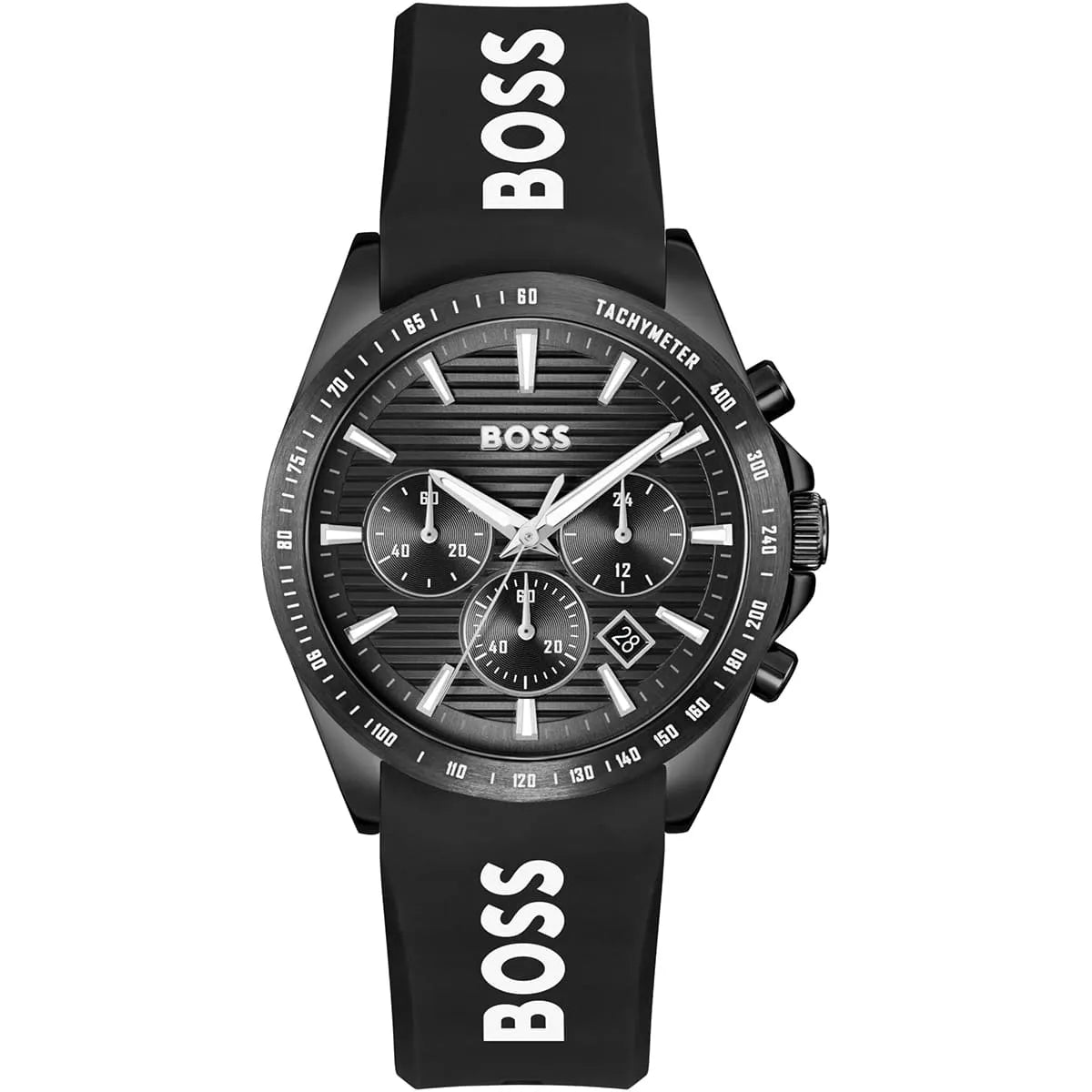 Hugo Boss Strike 1514289 men's chronograph watch with black case and white logo on black rubber strap