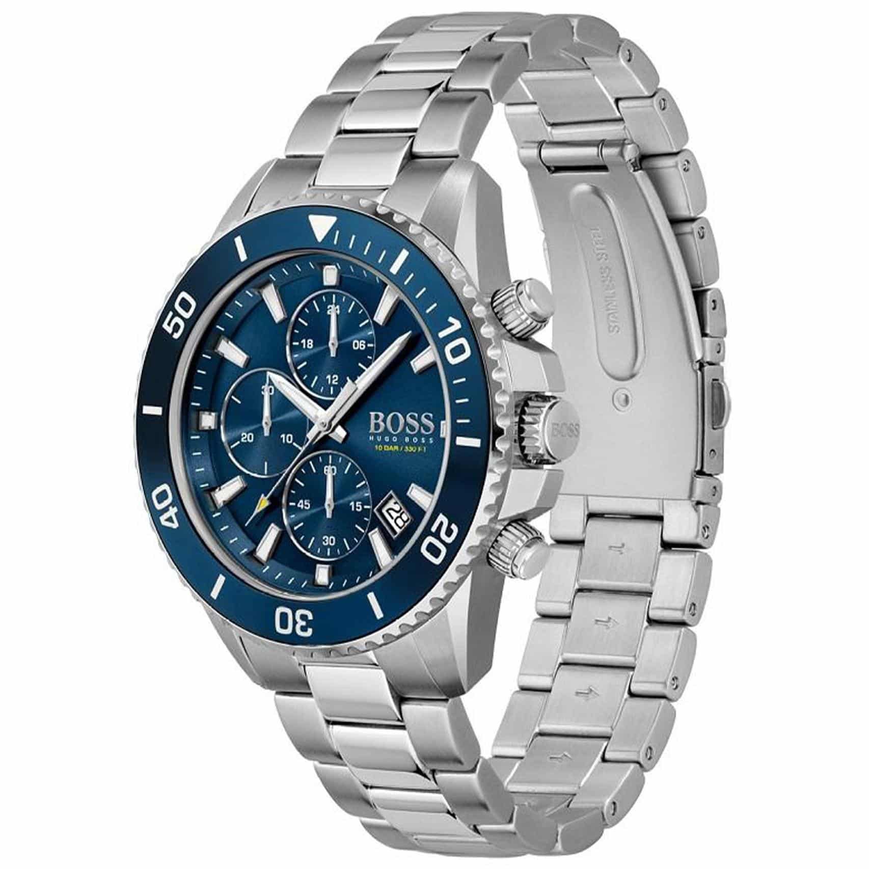Angled view of the Hugo Boss 1513907 highlighting the blue bezel and silver pushers