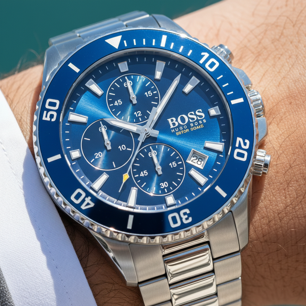 Close up shot of Hugo Boss Admiral 1513907 watch on wrist showing the blue sunray dial and rotating bezel