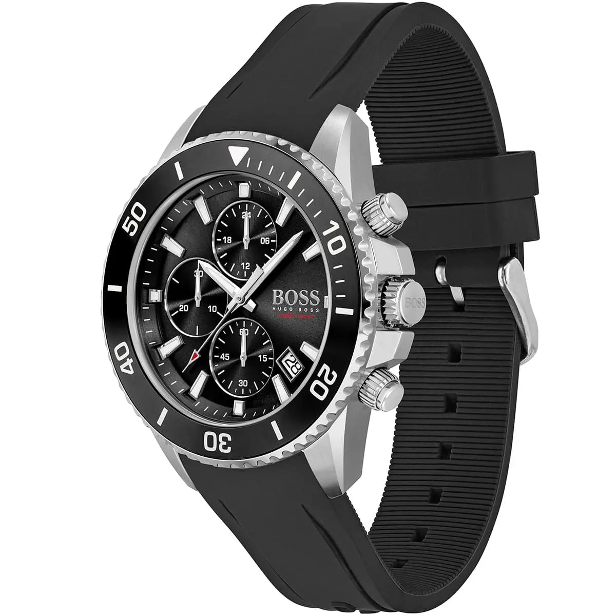 Angled view of the Hugo Boss 1513912 highlighting the rotating bezel and pushers
