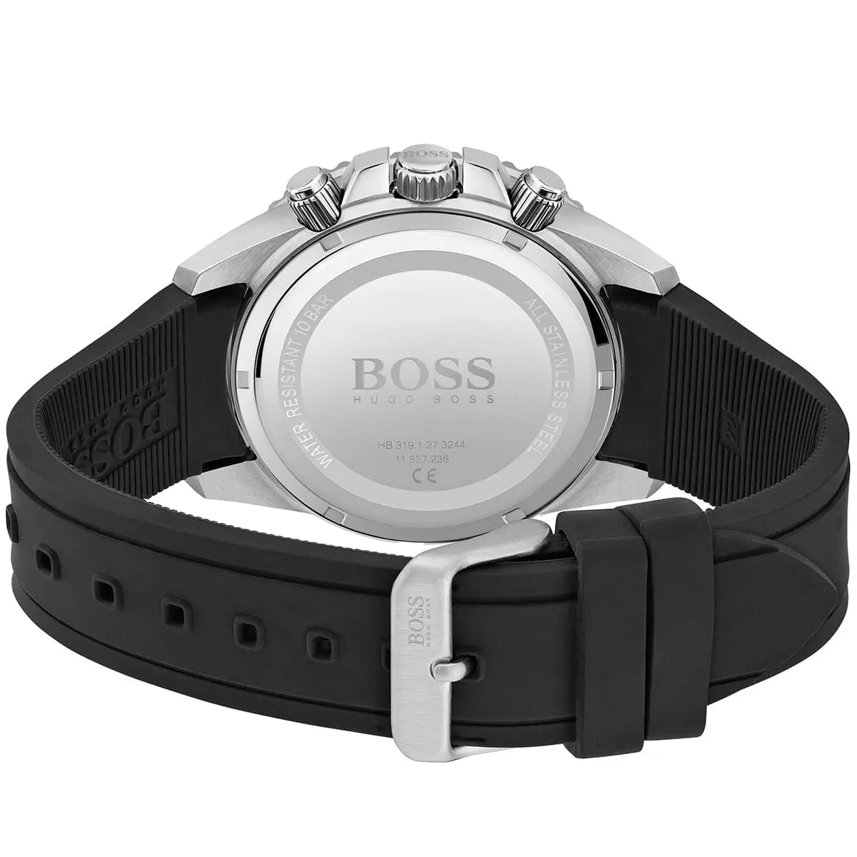 Stainless steel buckle clasp with engraved Boss logo on the rubber strap of the 1513912