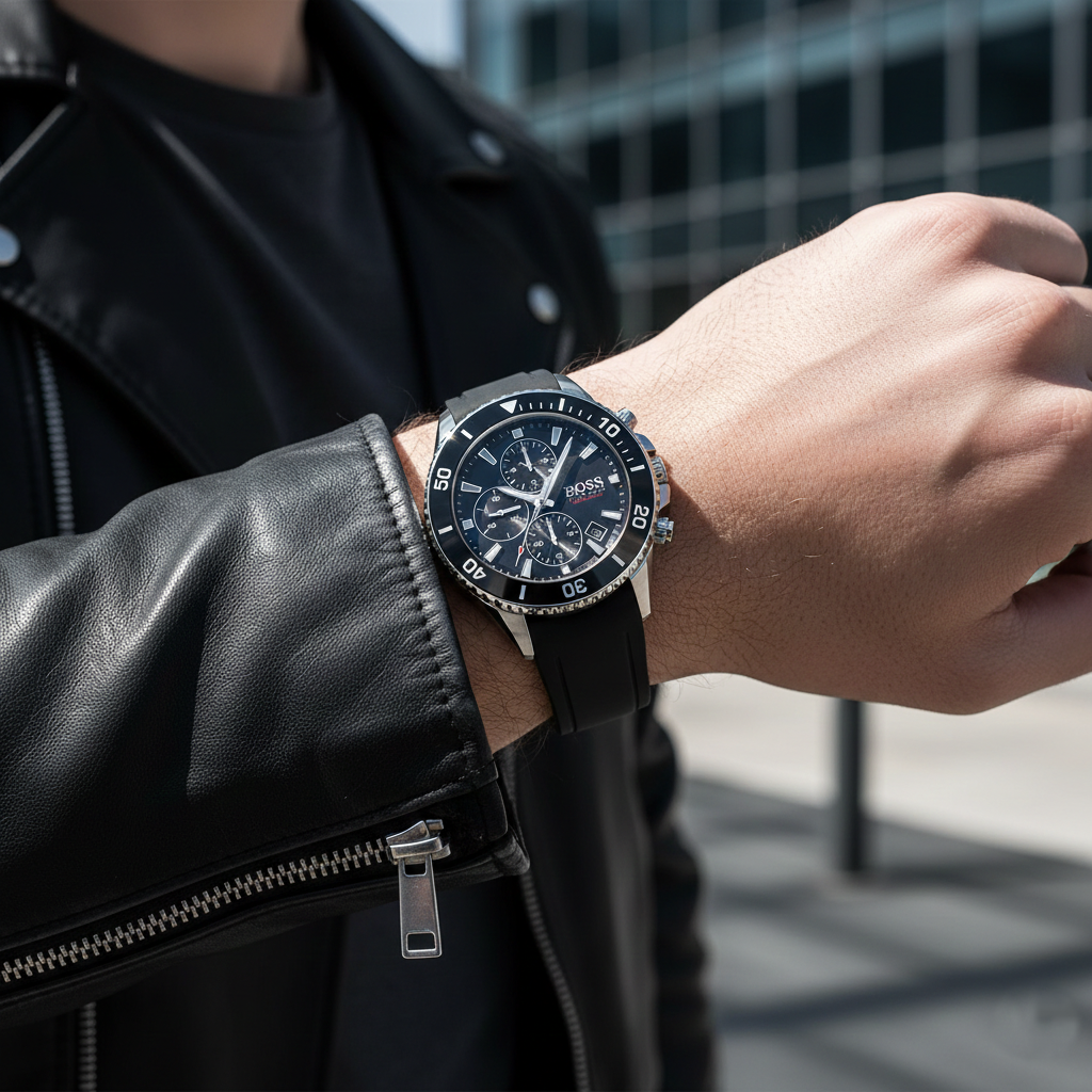 Male model wearing Hugo Boss Admiral 1513912 black rubber watch with a sporty outfit