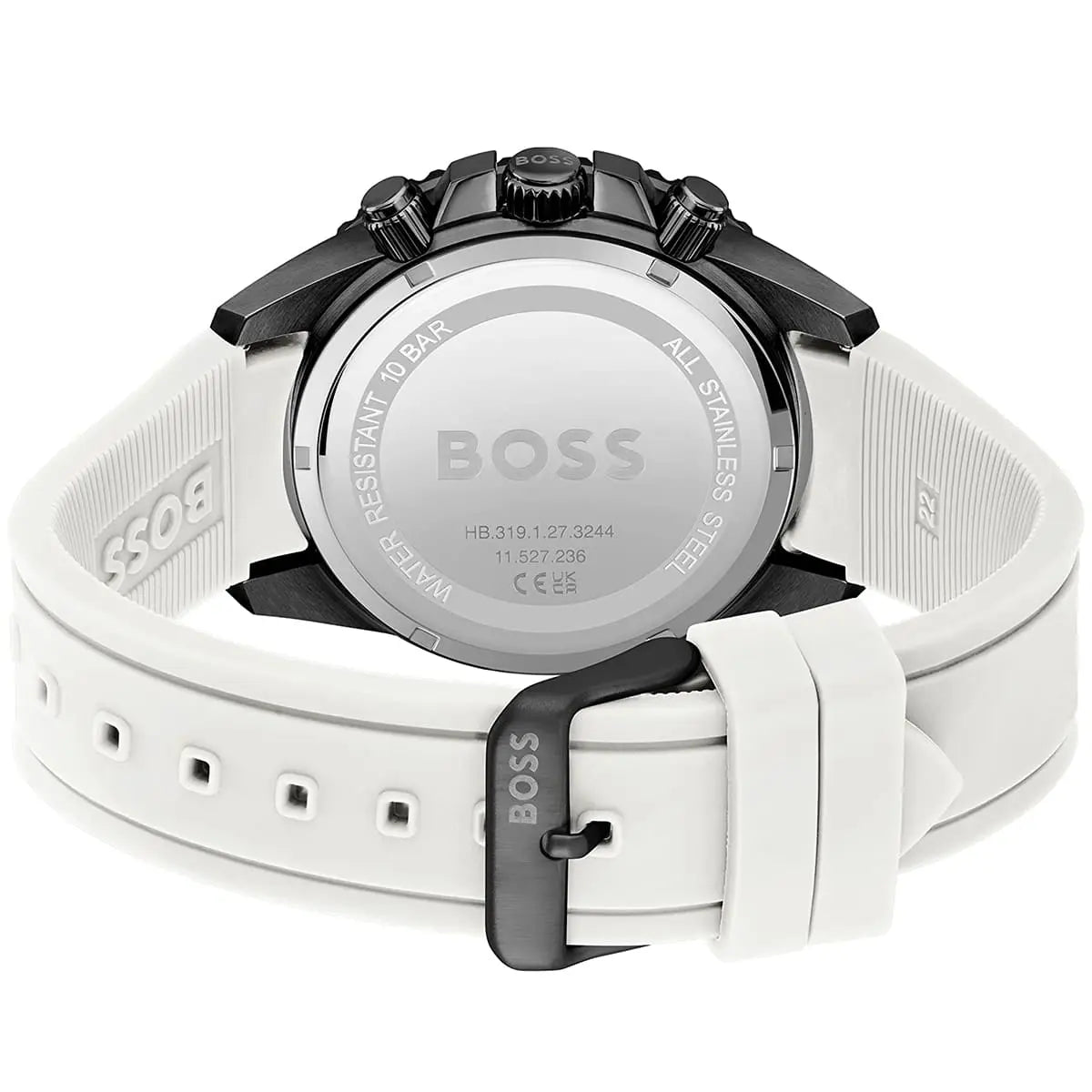 Back view of the Hugo Boss 1513966 watch showing the stainless steel caseback details