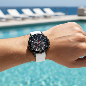 Male model wearing Hugo Boss Admiral 1513966 white watch with a summer casual outfit