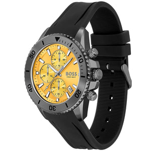 Angled view of the Hugo Boss 1513968 highlighting the black bezel and silver pushers