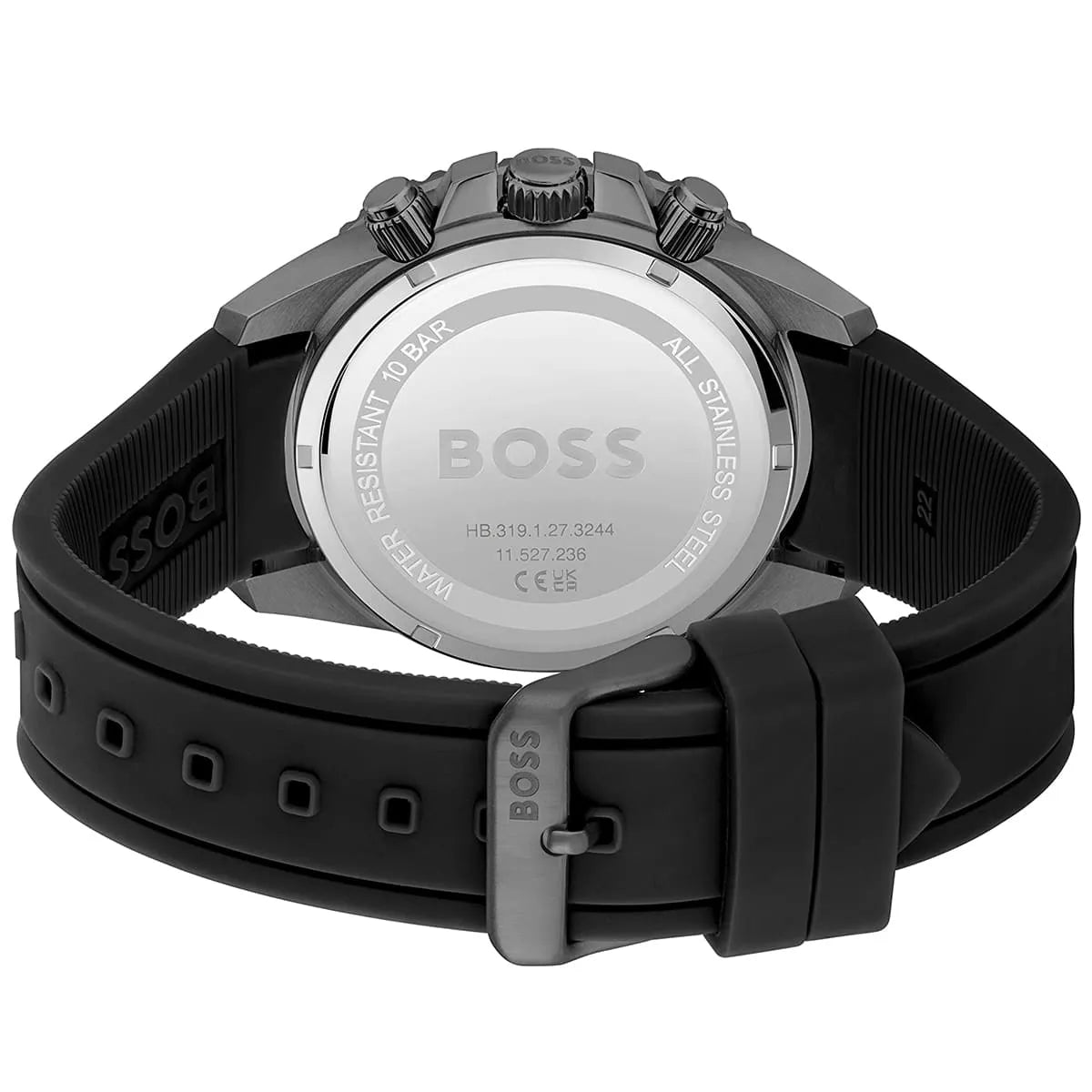 Stainless steel buckle clasp with engraved Boss logo on the black rubber strap of the 1513968