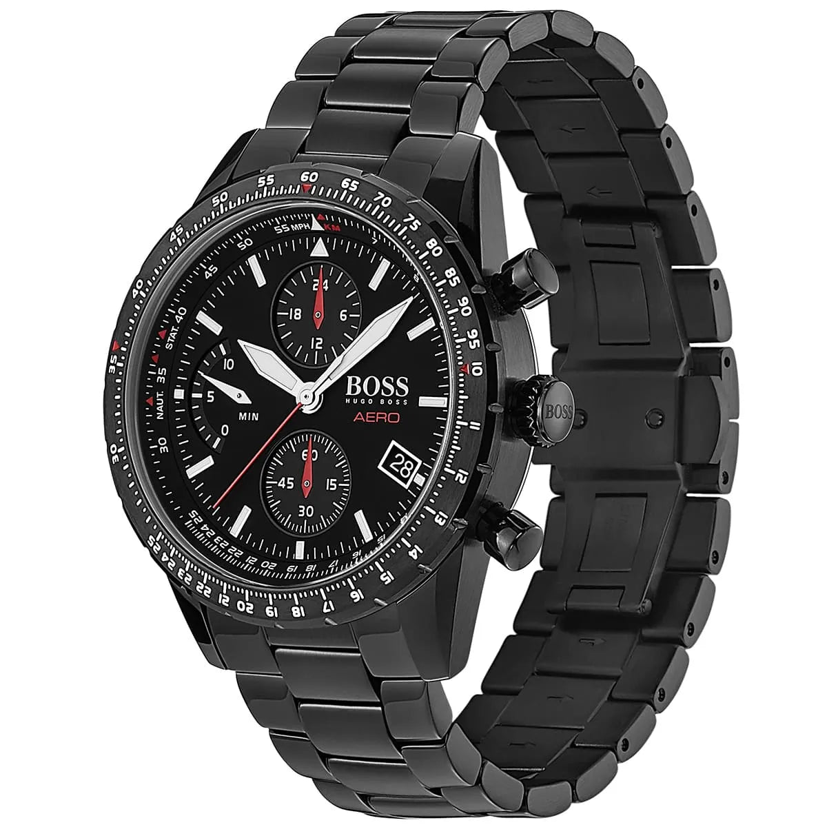 Angled view of the Hugo Boss 1513771 highlighting the black pushers and tachymeter bezel