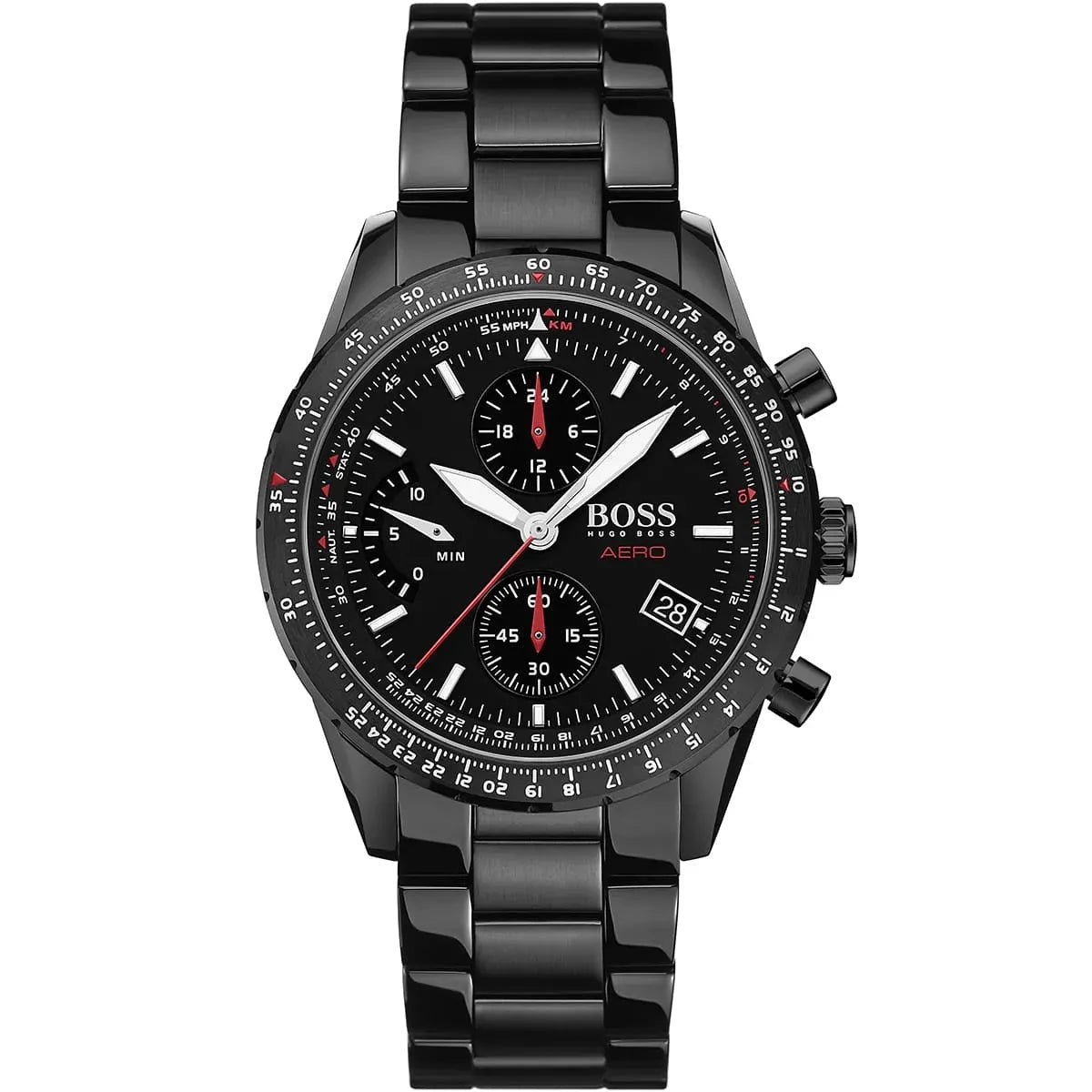 Hugo Boss Aero Mate 1513771 men's chronograph watch with black stainless steel strap and pilot dial