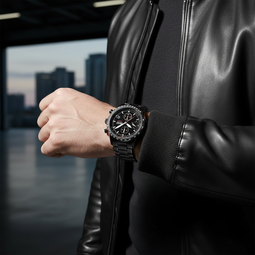 Male model wearing Hugo Boss Aero Mate 1513771 all-black watch with a tactical casual outfit