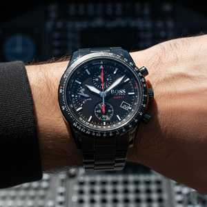 Close up shot of Hugo Boss Aero Mate 1513771 watch on wrist showing the black dial and red hands