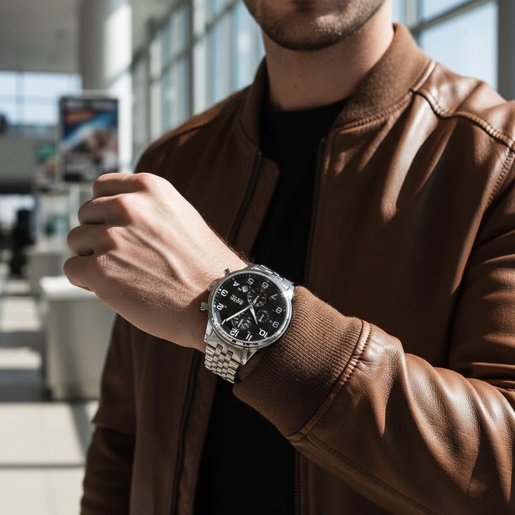 Male model wearing Hugo Boss Aeroliner 1512446 silver watch with a classic pilot style outfit