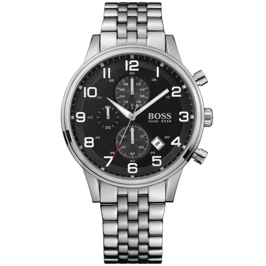 Hugo Boss Aeroliner 1512446 men's chronograph watch with silver stainless steel bracelet and black dial