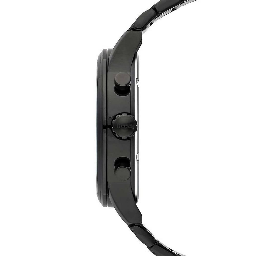 Angled view of the Hugo Boss 1513180 highlighting the black ion-plated case and pushers