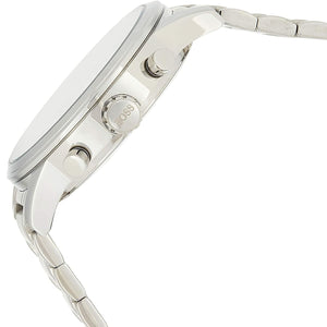 Detailed side view of the silver crown and logo detail on the Hugo Boss 1513181