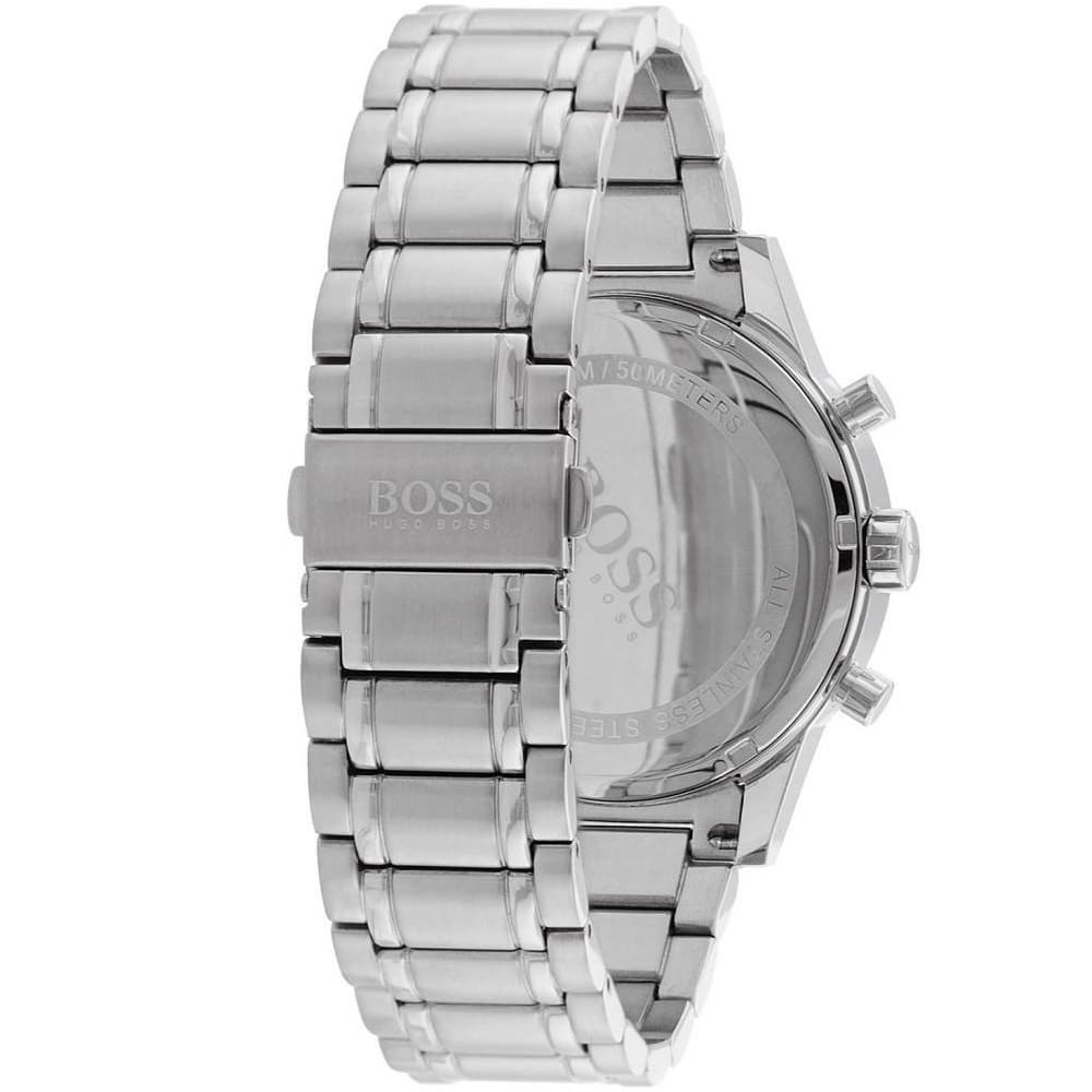 Silver-tone deployment clasp with engraved Boss logo on the bracelet of the 1513181