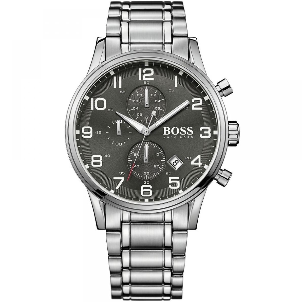 Hugo Boss Aeroliner 1513181 men's chronograph watch with silver stainless steel strap and anthracite grey dial