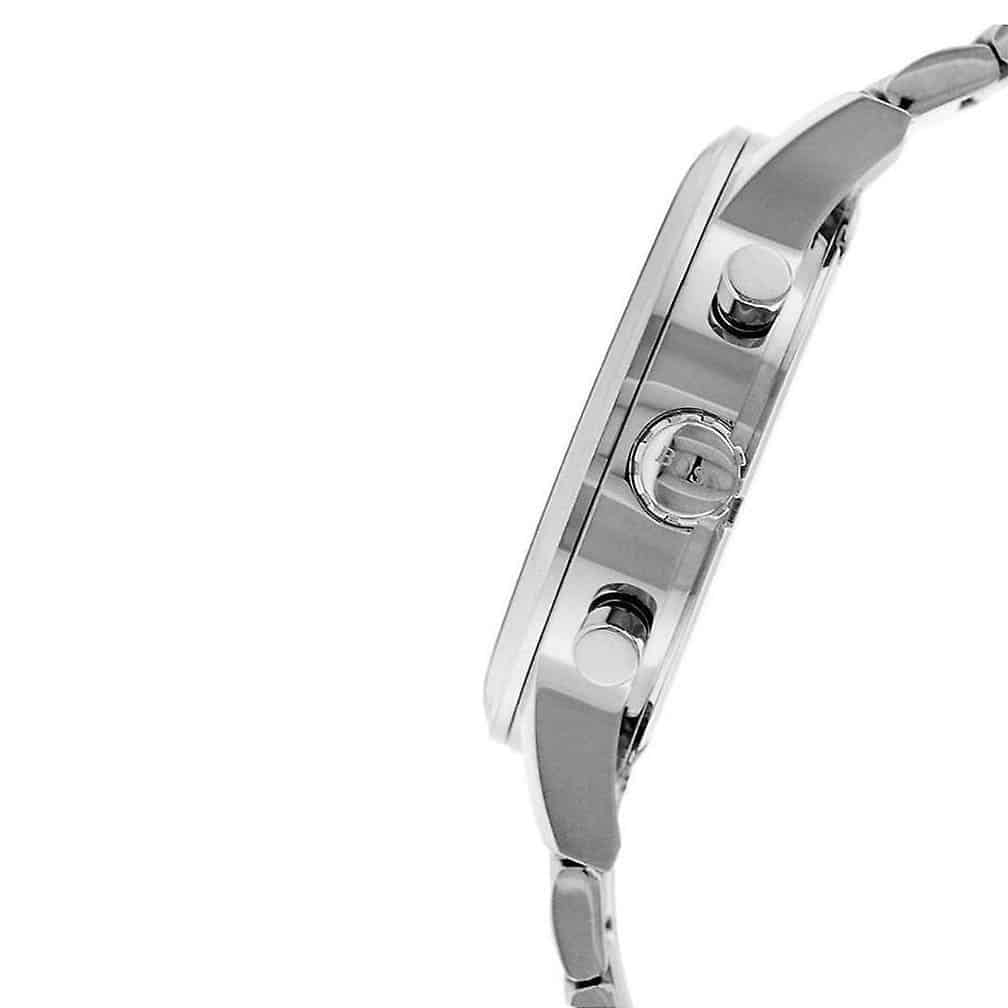 Angled view of the Hugo Boss 1513183 highlighting the polished silver case and chronograph pushers