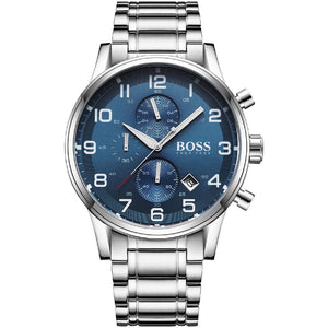 Hugo Boss Aeroliner 1513183 men's chronograph watch with silver stainless steel strap and sunray blue dial