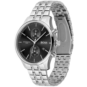 Angled view of the Hugo Boss 1513869 highlighting the polished silver case and pushers