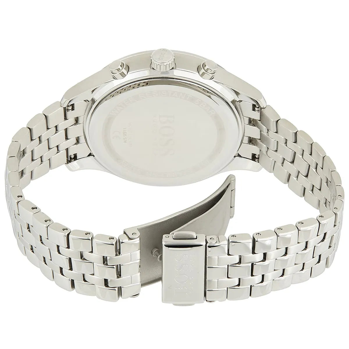 Silver-tone deployment clasp with engraved Boss logo on the bracelet of the 1513869