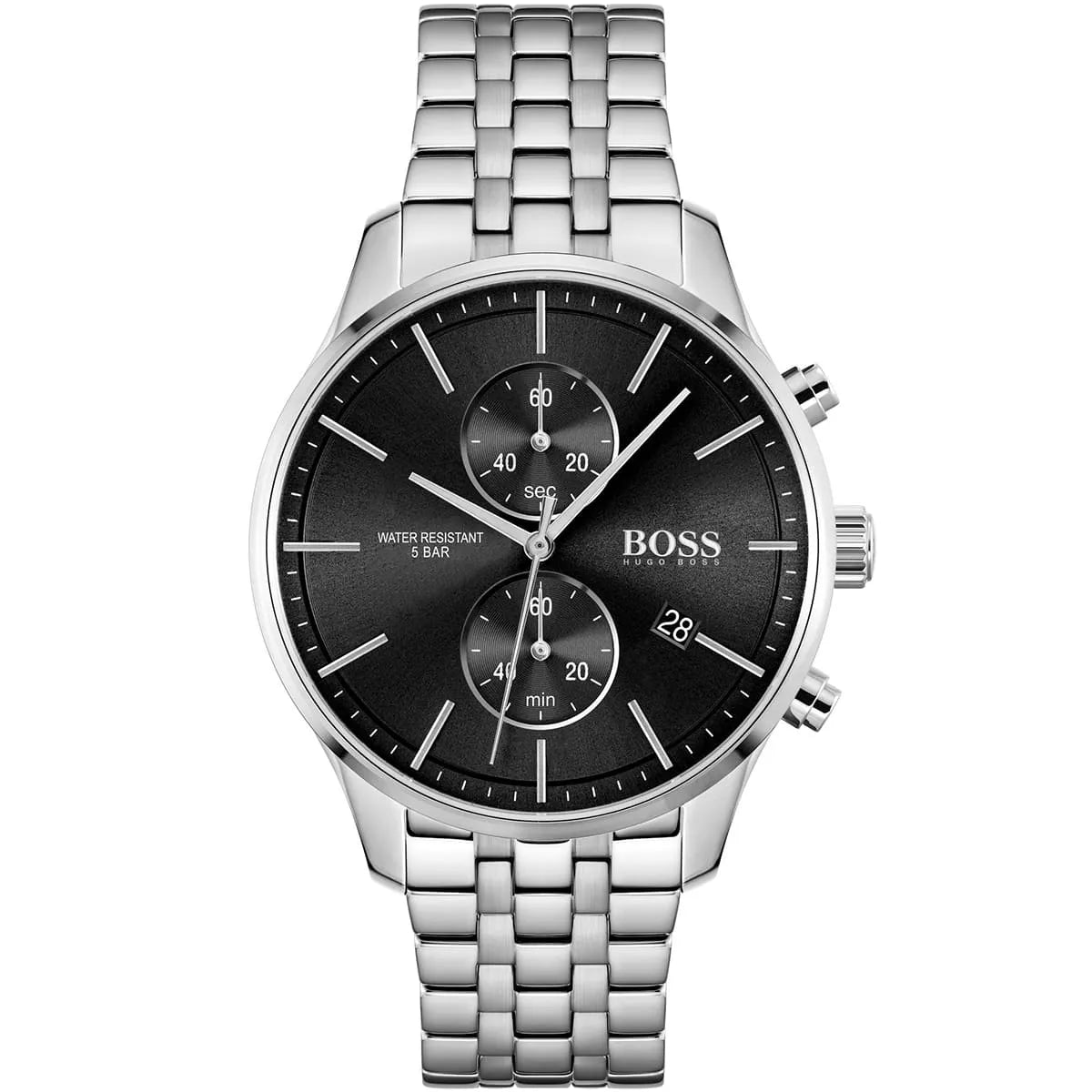 Hugo Boss Associate 1513869 men's watch with silver jubilee style strap and minimalist black dial
