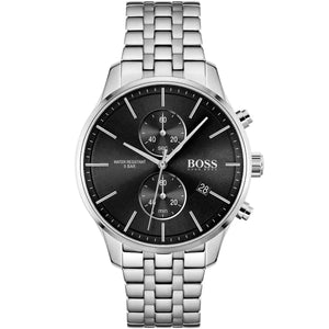Hugo Boss Associate 1513869 men's watch with silver jubilee style strap and minimalist black dial