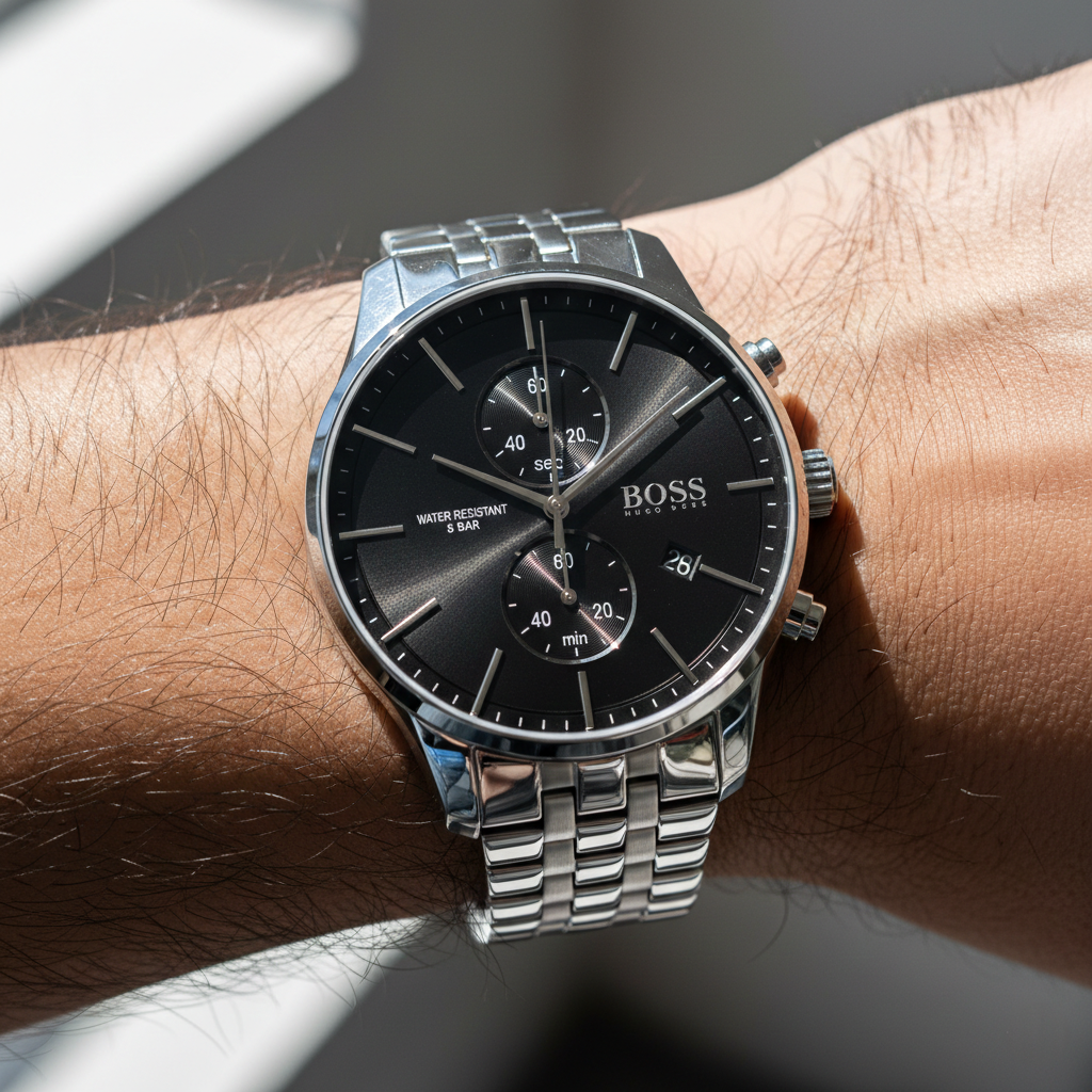 Close up shot of Hugo Boss Associate 1513869 watch on wrist showing the vertical chronograph sub-dials