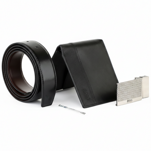 Top-down view of Hugo Boss black gift set featuring bicolor pebble and smooth leather wallet alongside a matching leather belt and textured buckle